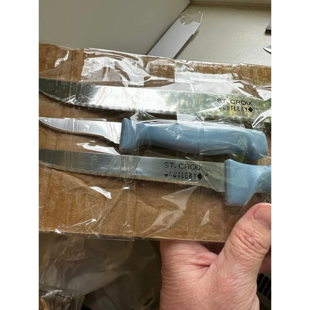 Set of 7 vintage St. Croix Cutlery kitchen knives knife blue handles